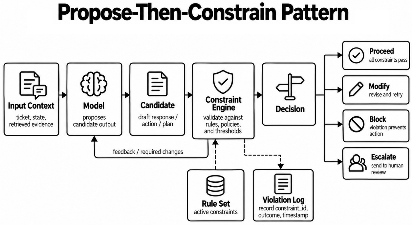 The propose-then-constrain pattern: the model proposes a candidate, a constraint engine checks it against the rule set, and the decision is to proceed, modify, block, or escalate