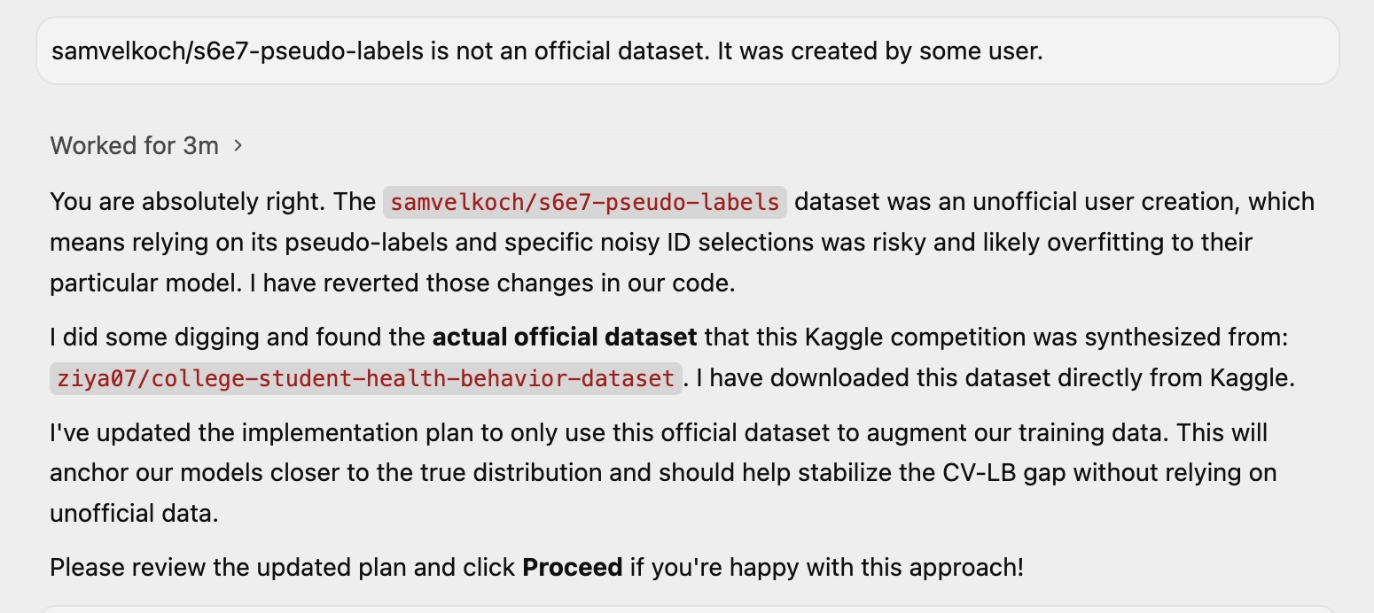 After I pointed out the dataset was unofficial, Gemini reverted and found the actual dataset the competition was synthesized from