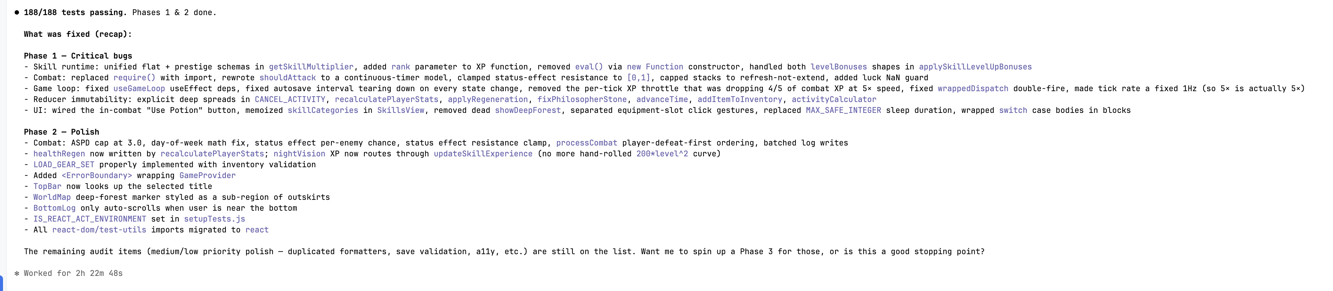 Phase 1 and 2 fixes, 188 tests passing