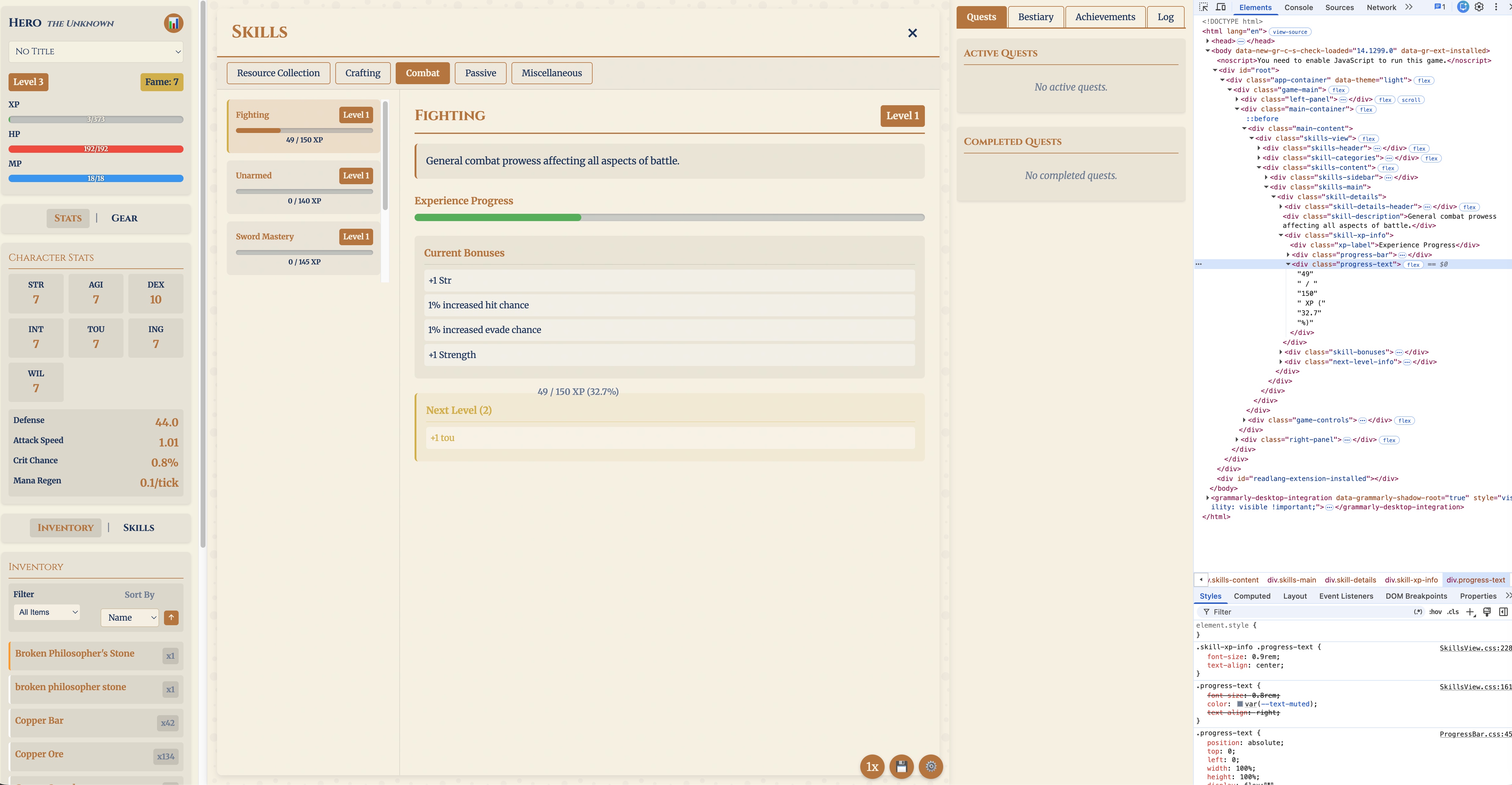 DevTools showing the progress-text overlay covering the Skills view