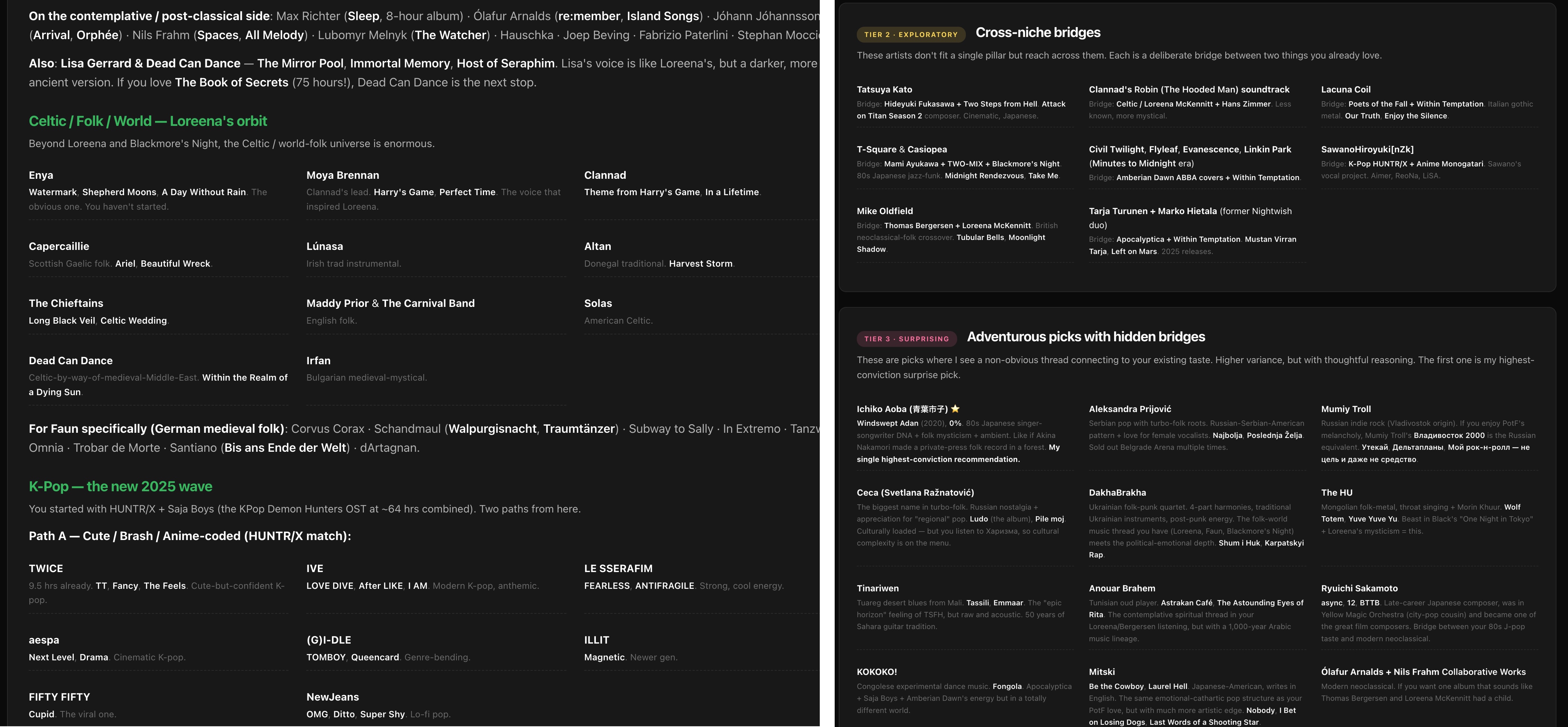 Tiered music recommendations with a reason for each pick